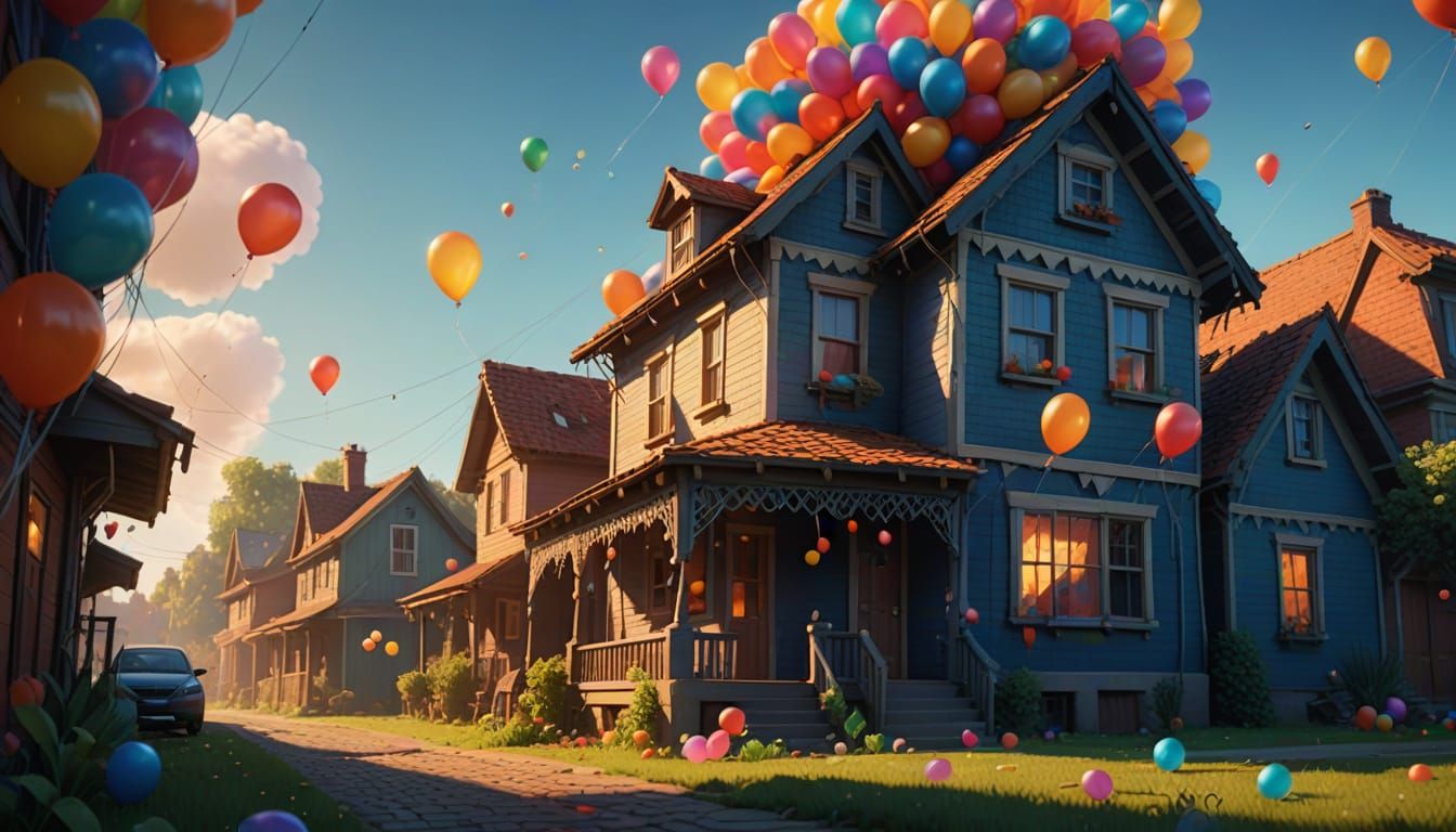 House Lifted by Balloons in Vibrant Pixar Style