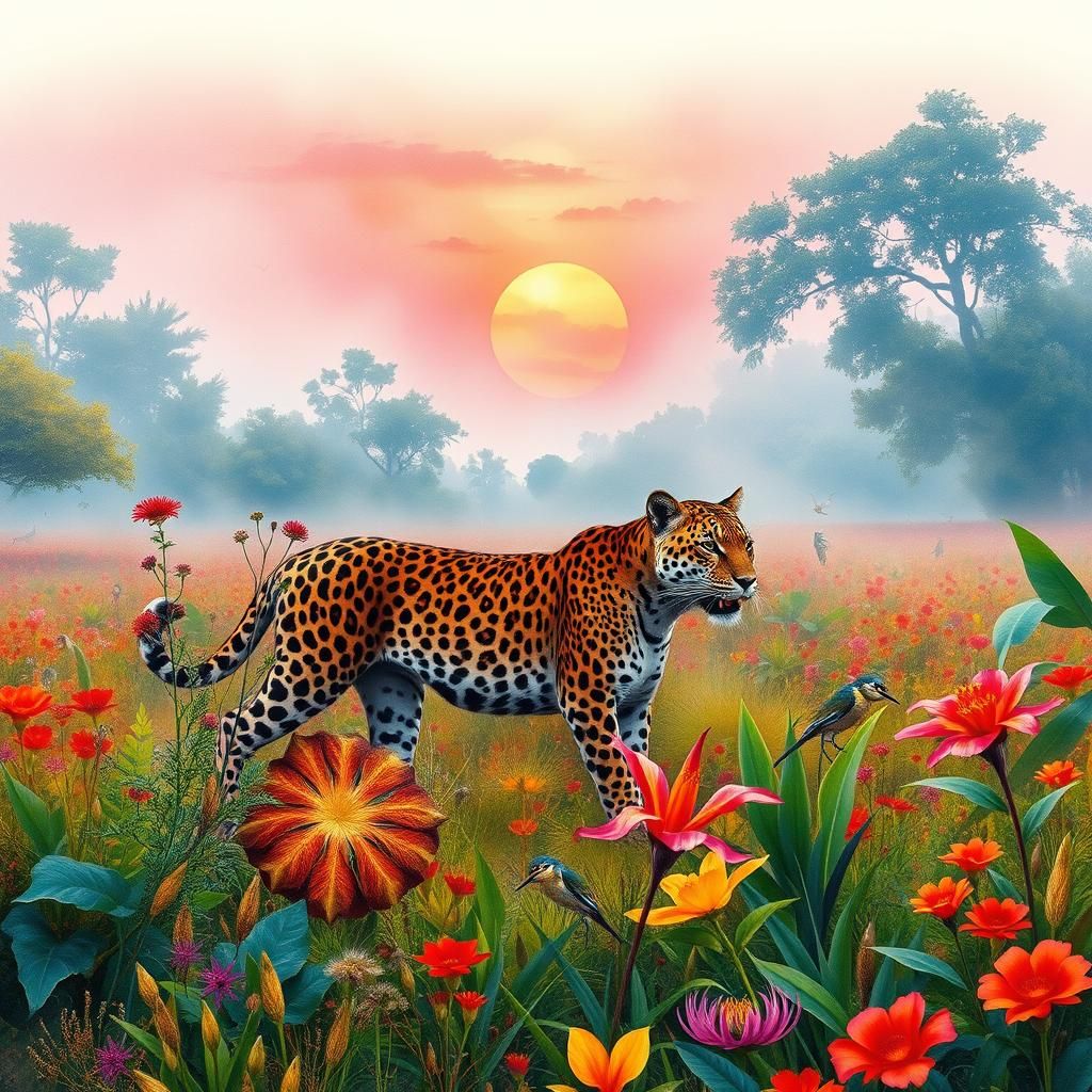 Vibrant Jungle Scene with Roaming Jaguar in Dreamy Hyperreal...