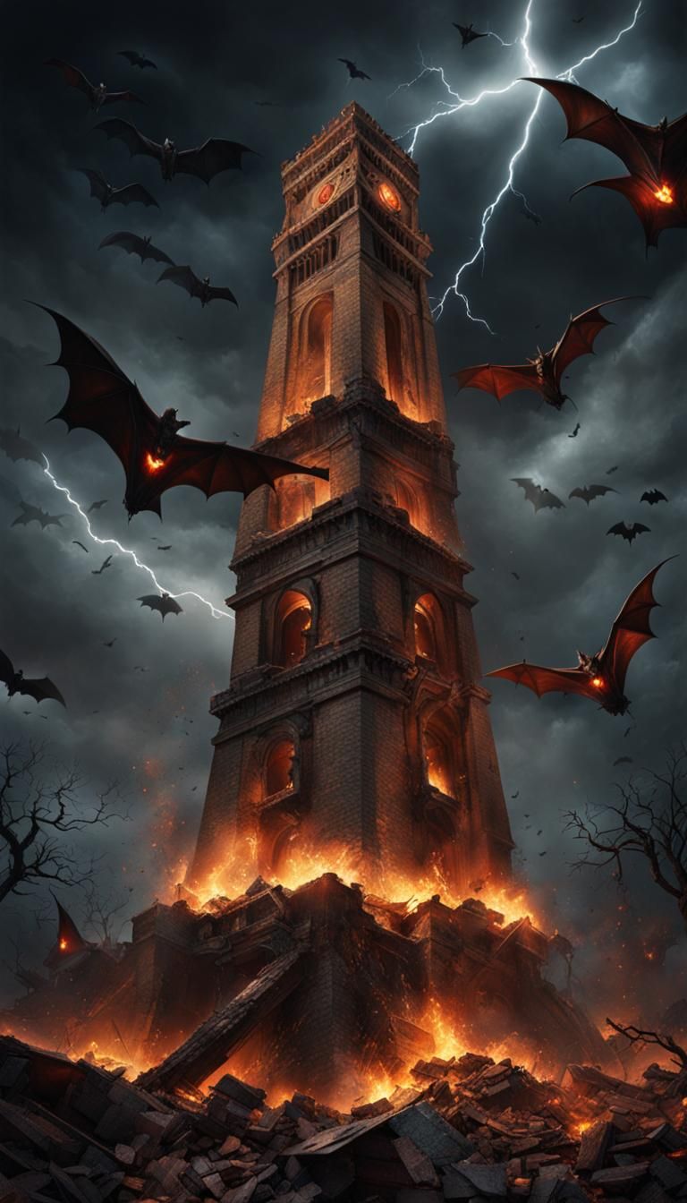 The Tower's Descent: A Horror Scene of Chaos and Destruction
