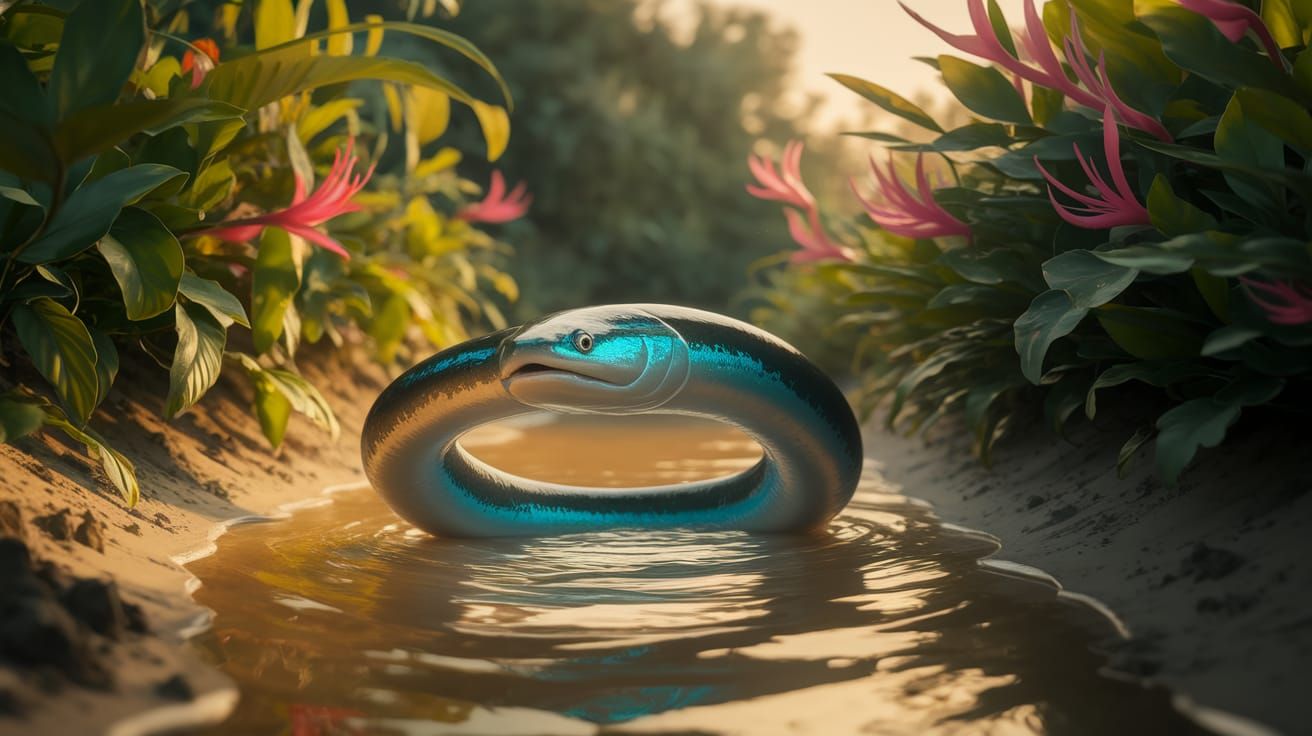 Electric Eel Twisting in Amazon Riverbank Scene