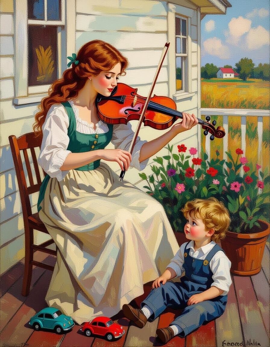 Woman Plays Violin for Son: Neo-Impressionist Style