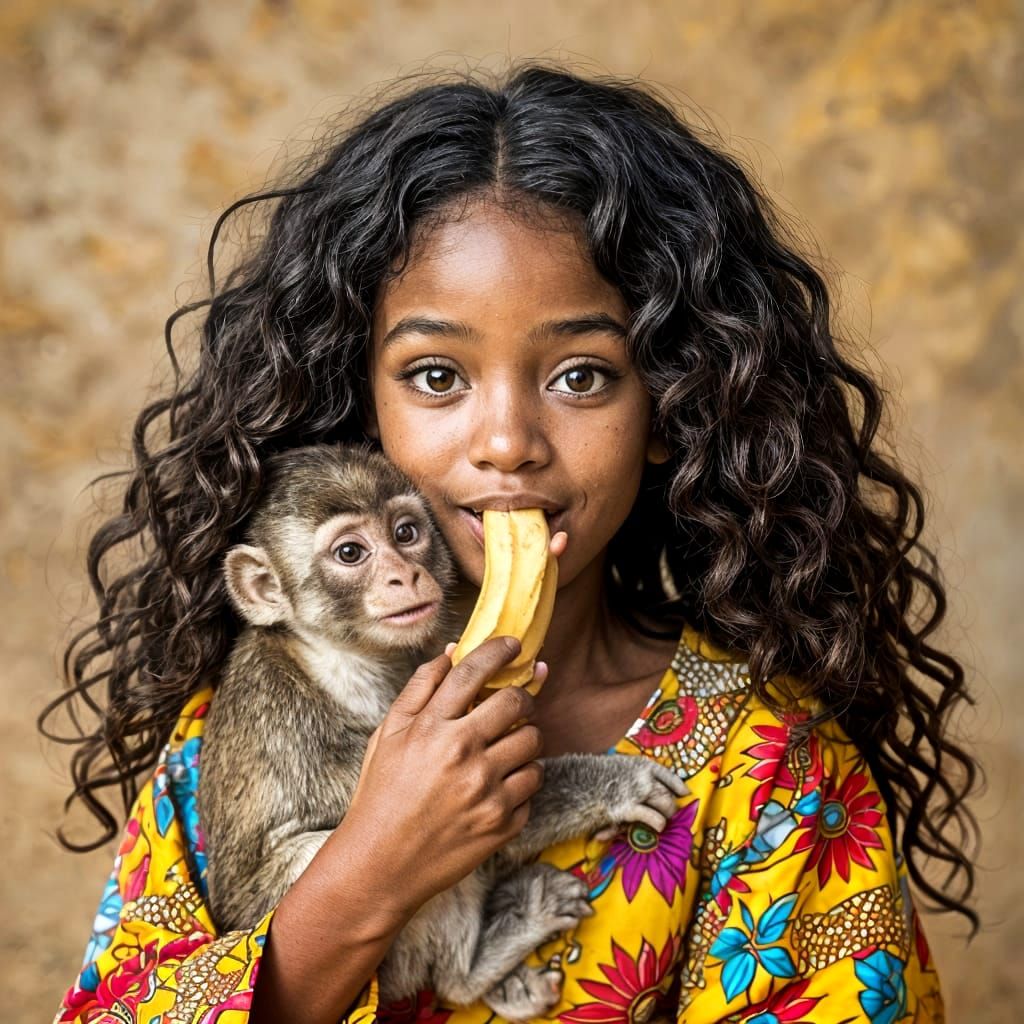 Girl Feeds Monkey Banana in Colorful African Clothing