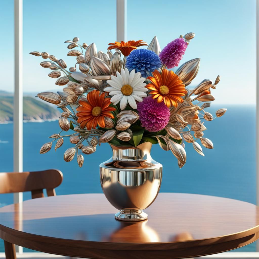 Surreal Hyperrealistic Steel Blossoms Adorn a Coastal Table...