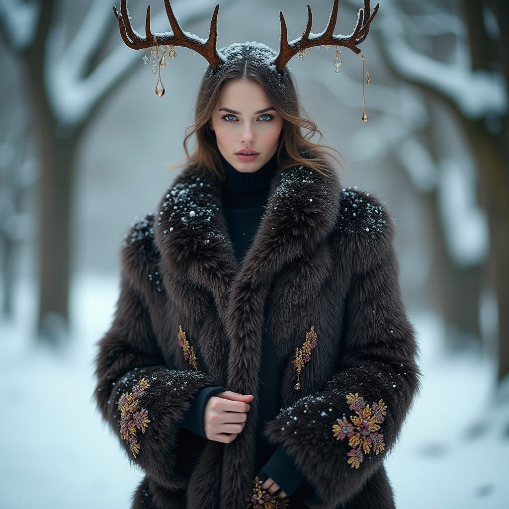 High Fashion Model in Velvet Antler Coat, Winter Wonderland...
