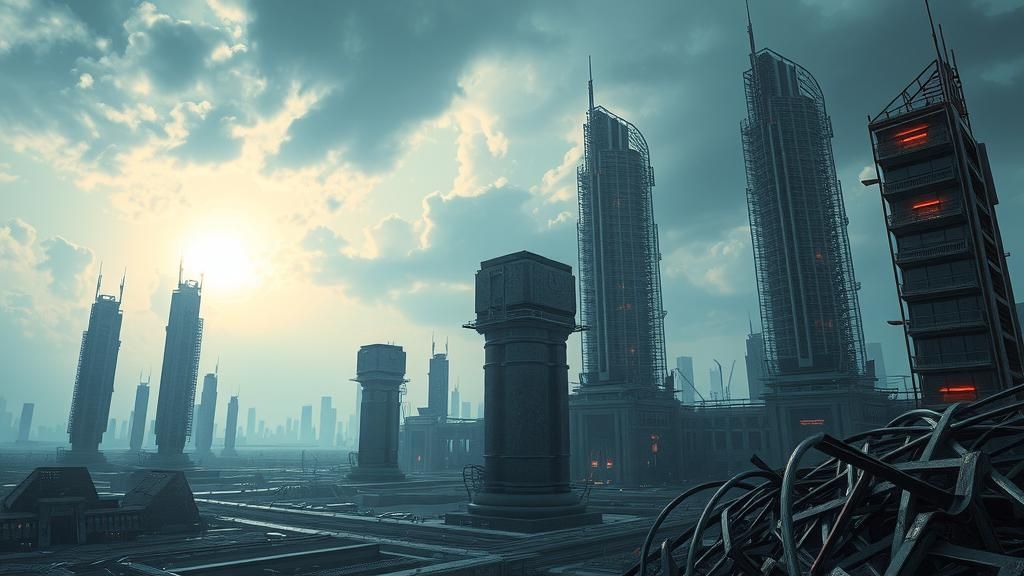 Dystopian Futuristic Cityscape in Ruins with Glitchcore Dist...