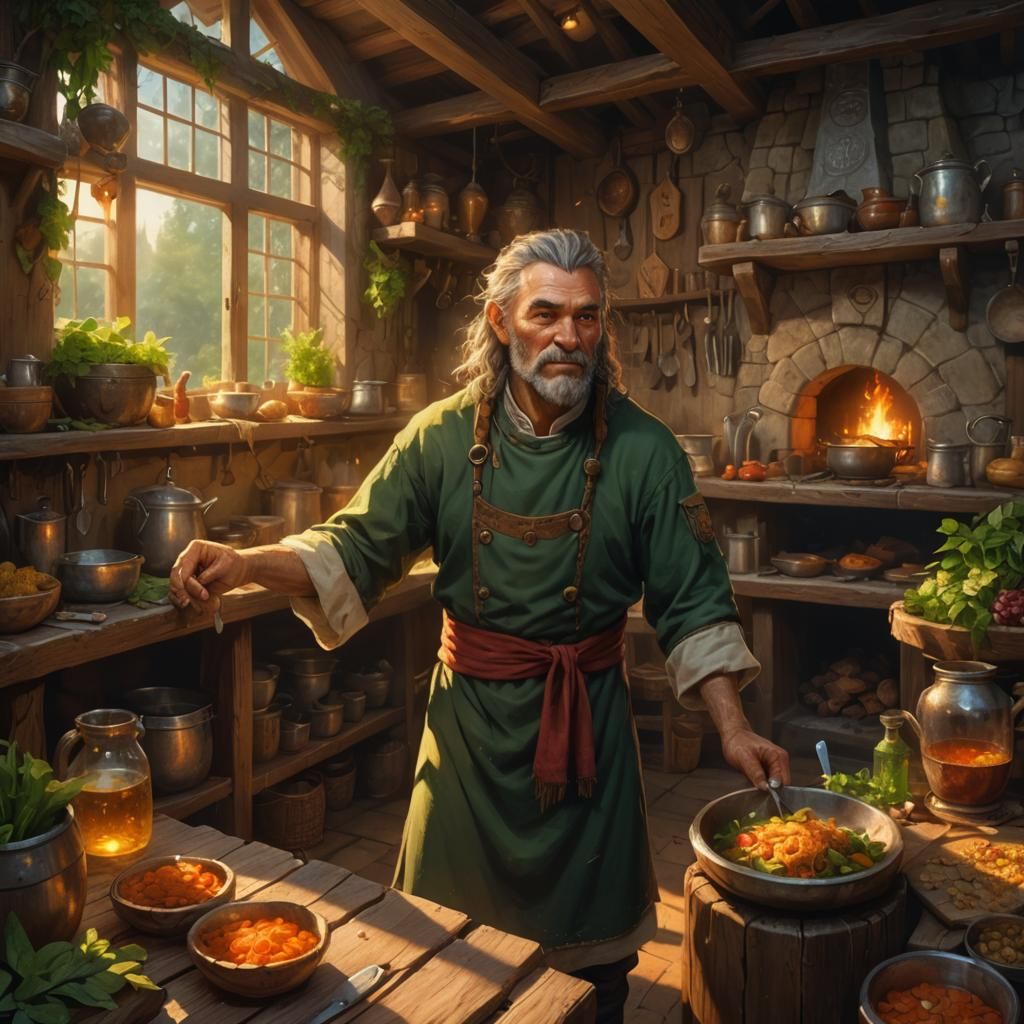 Friendly Druid Chef in Warm, Golden Tavern