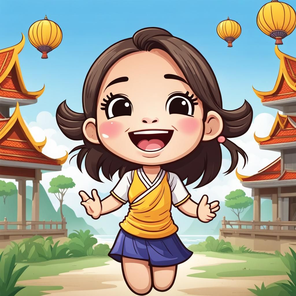 Joyful Thai Girl Wins Big in Vibrant Chibi Cartoon