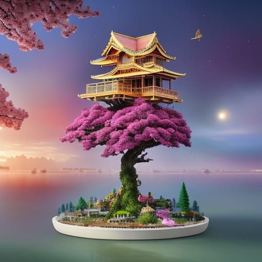 Surreal Sakura Oasis in a Glass Box, Surrounded by Adorable...