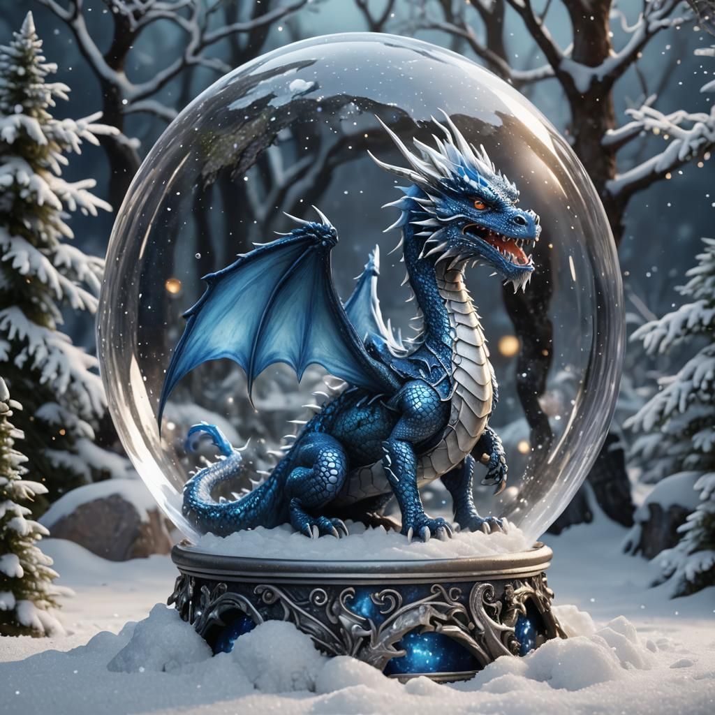 Ethereal Blue Dragon in Icy Snow Globe