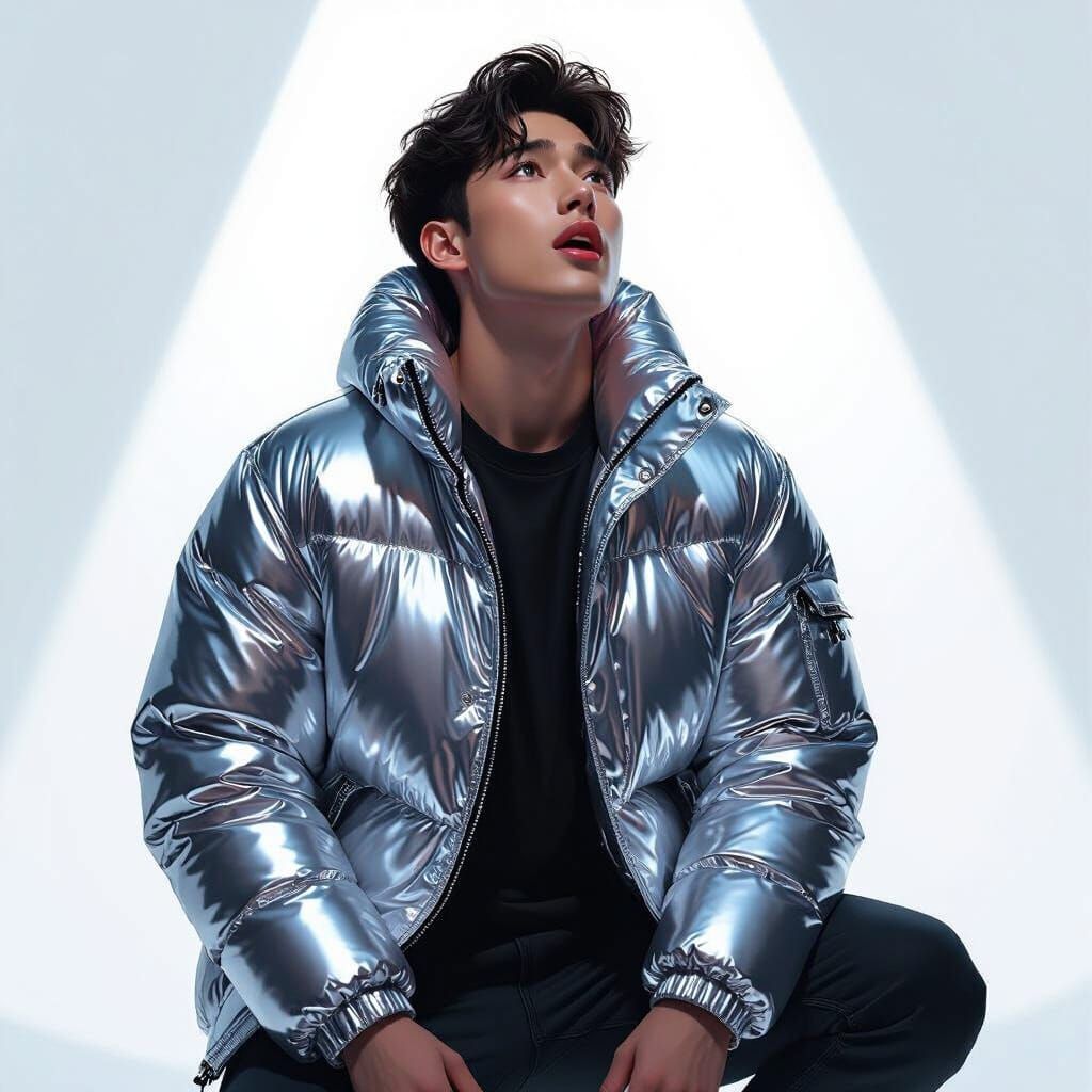 Man in Shiny Puffer Jacket Looks Up in Awe