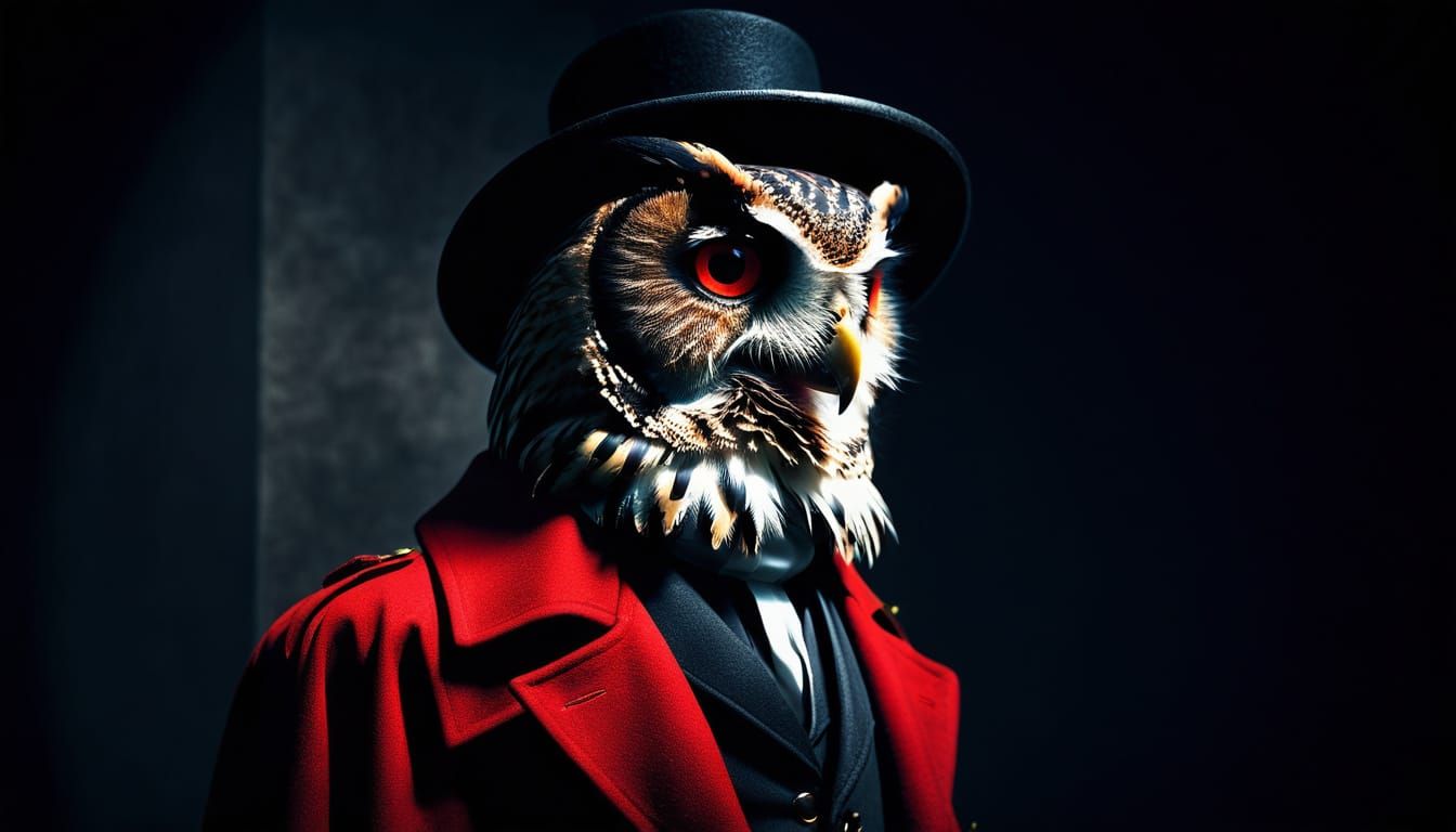 Elegant Figure in Midnight Velvet Coat with Owl