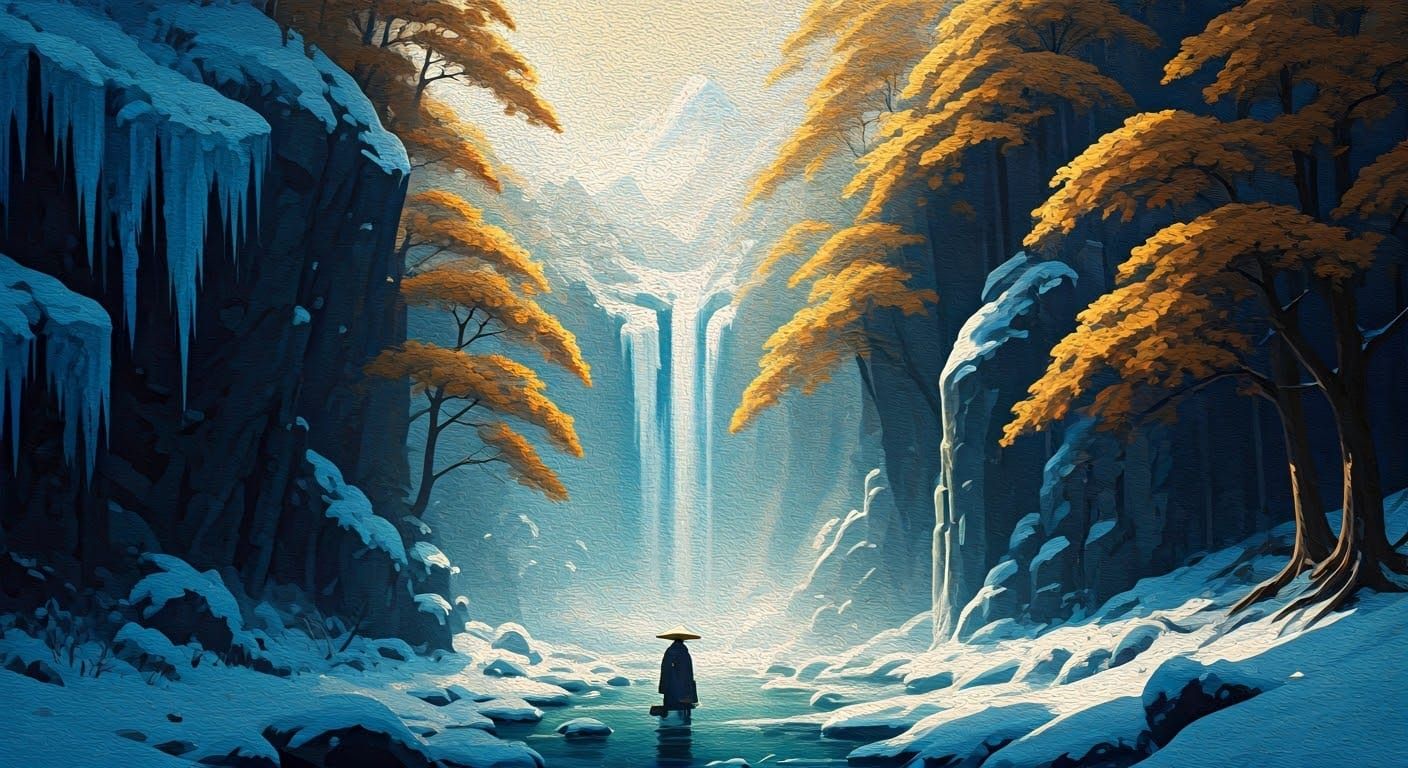 Serene Samurai Contemplates Frozen Waterfall in Edo Winter L...