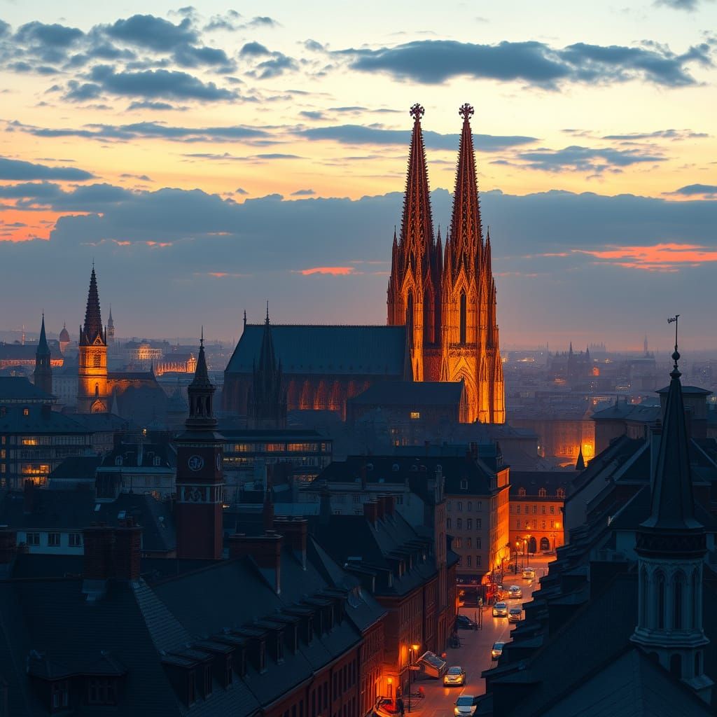 Ethereal Cologne Cityscape with Cologne Cathedral at Dusk