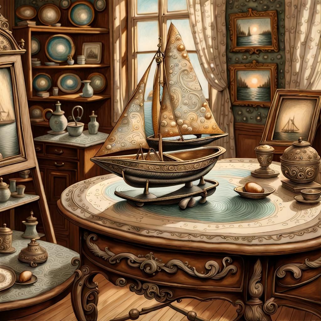 Surreal Pearlescent Sailboat Masterpiece in Diorama