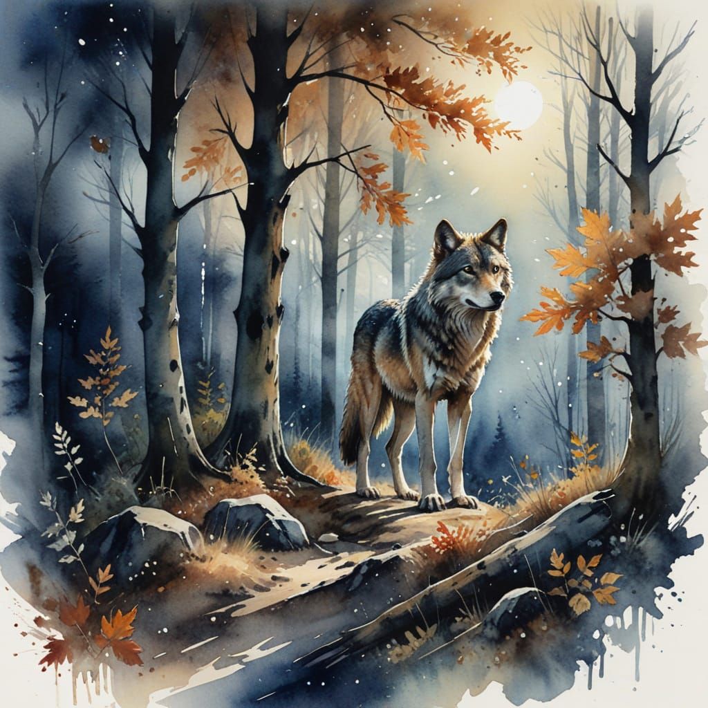 Enigmatic Forest Wolf Watercolour Masterpiece