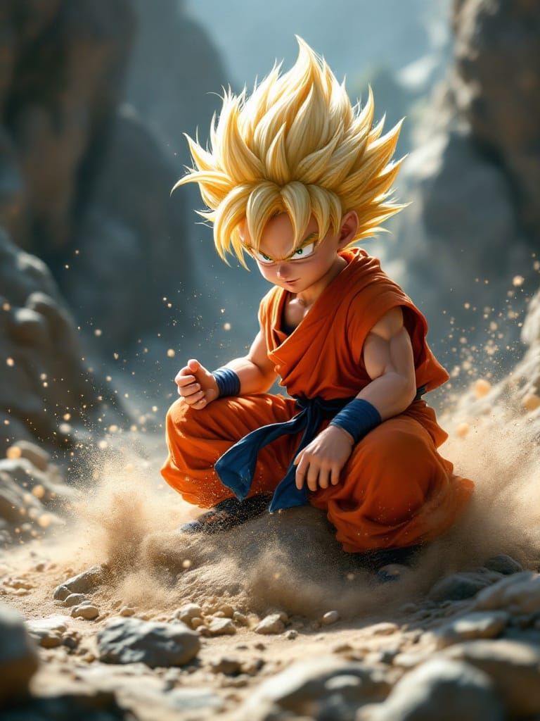 Little Dragon Ball Super Saiyan Goku in Epic Rock Training