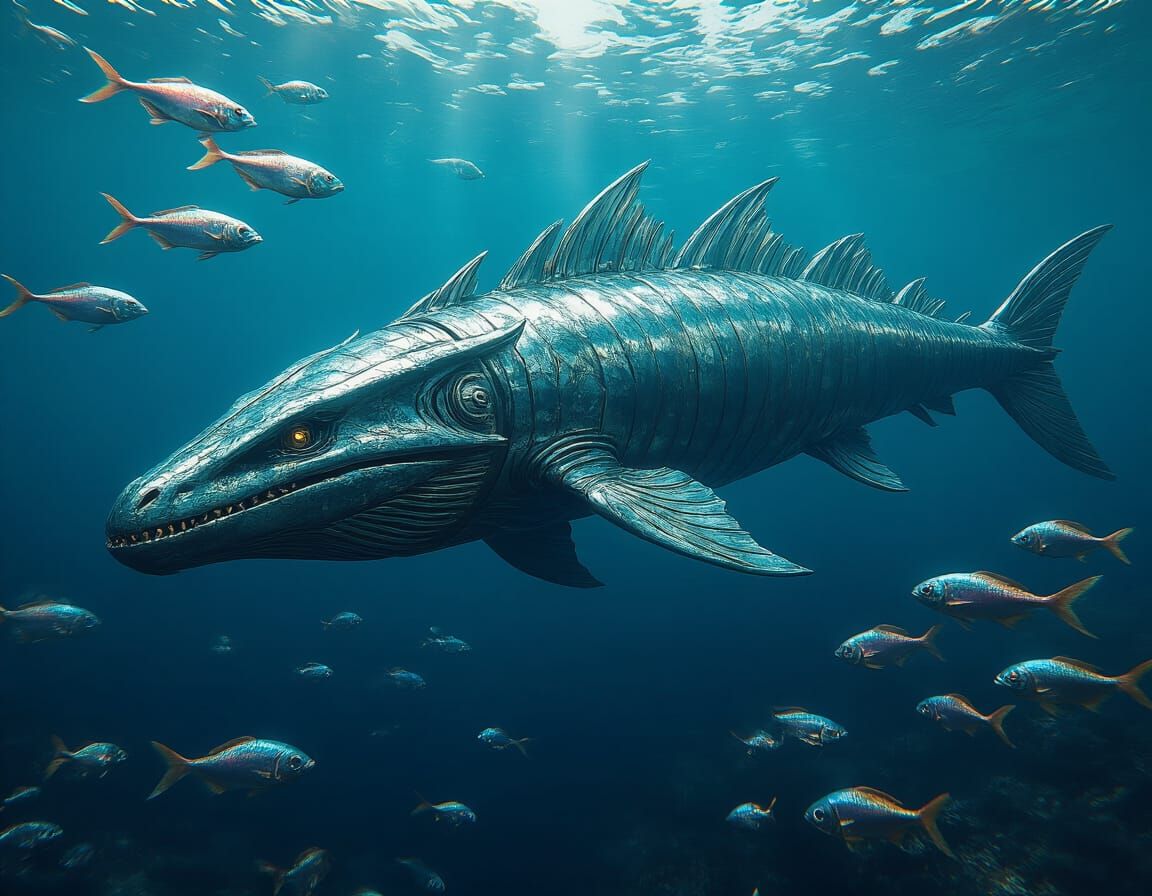 Giant Metallic Dokosaurus in Art Nouveau Ocean