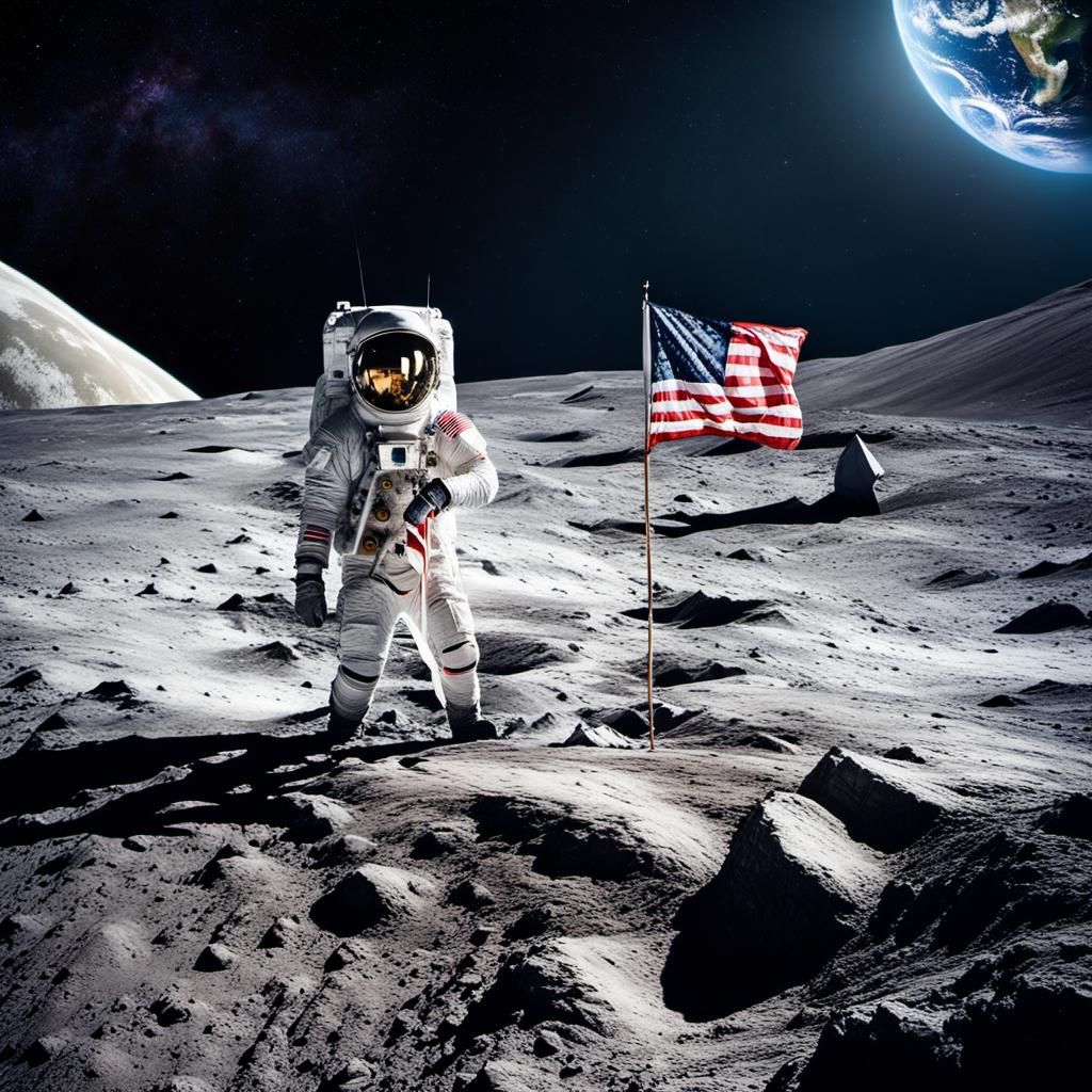 Astronaut Plants Flag on Lunar Surface