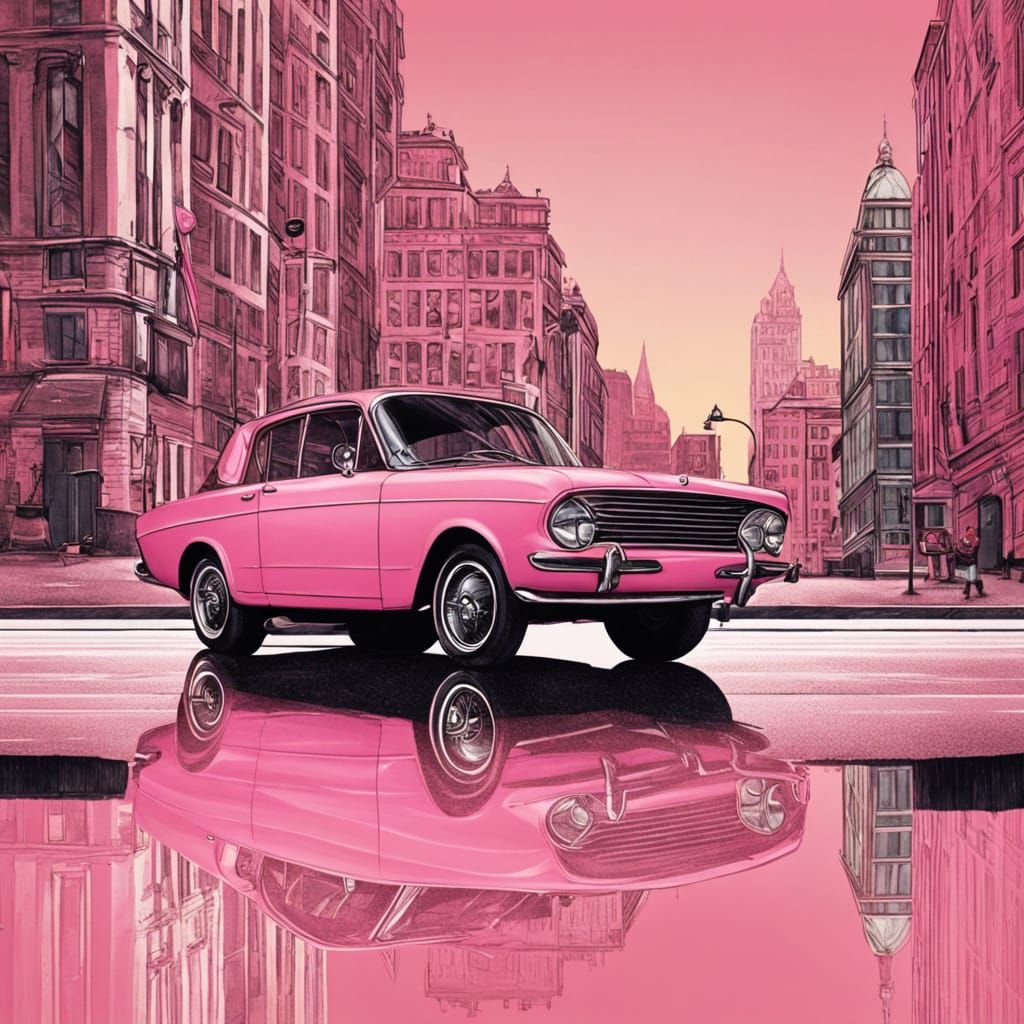 Model with Coffee Leans on Pink Car: Street Fashion