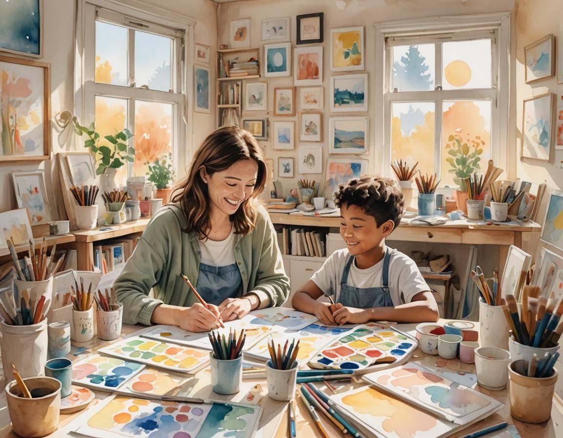 Cozy Family Art Session in Whimsical Watercolor Style