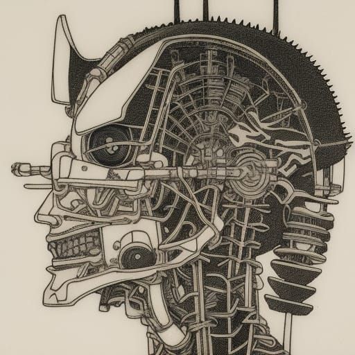 Cybernetic Samurai Warrior Technical Drawing in Dark Epic St...