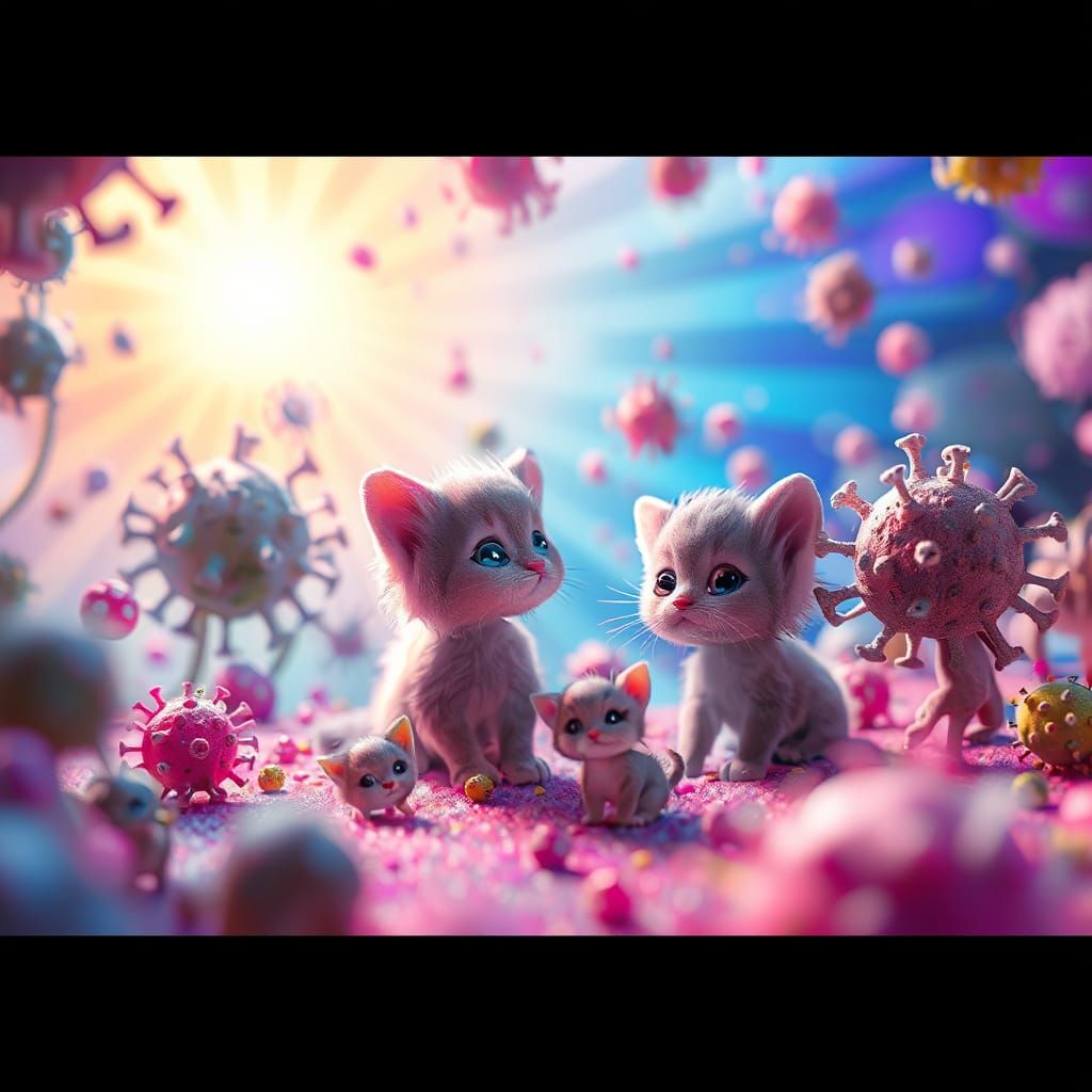 Whimsical Bacteria and Virus World with Fluffy Kitten Friend...