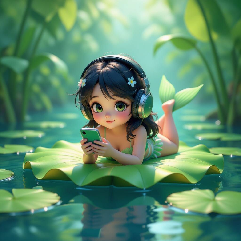 Mermaid Child on Lotus Leaf in Pop Surrealism Style