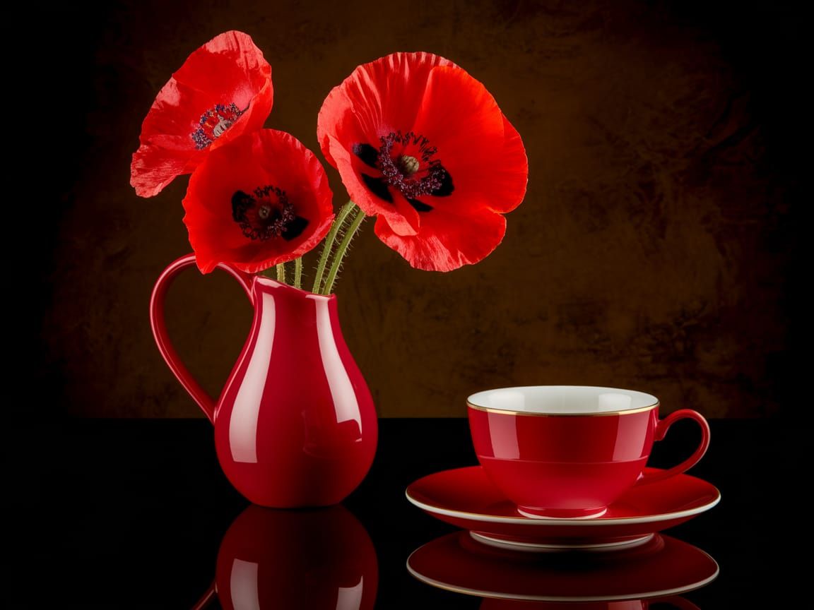 Elegant Red Poppies in a Dark Vase