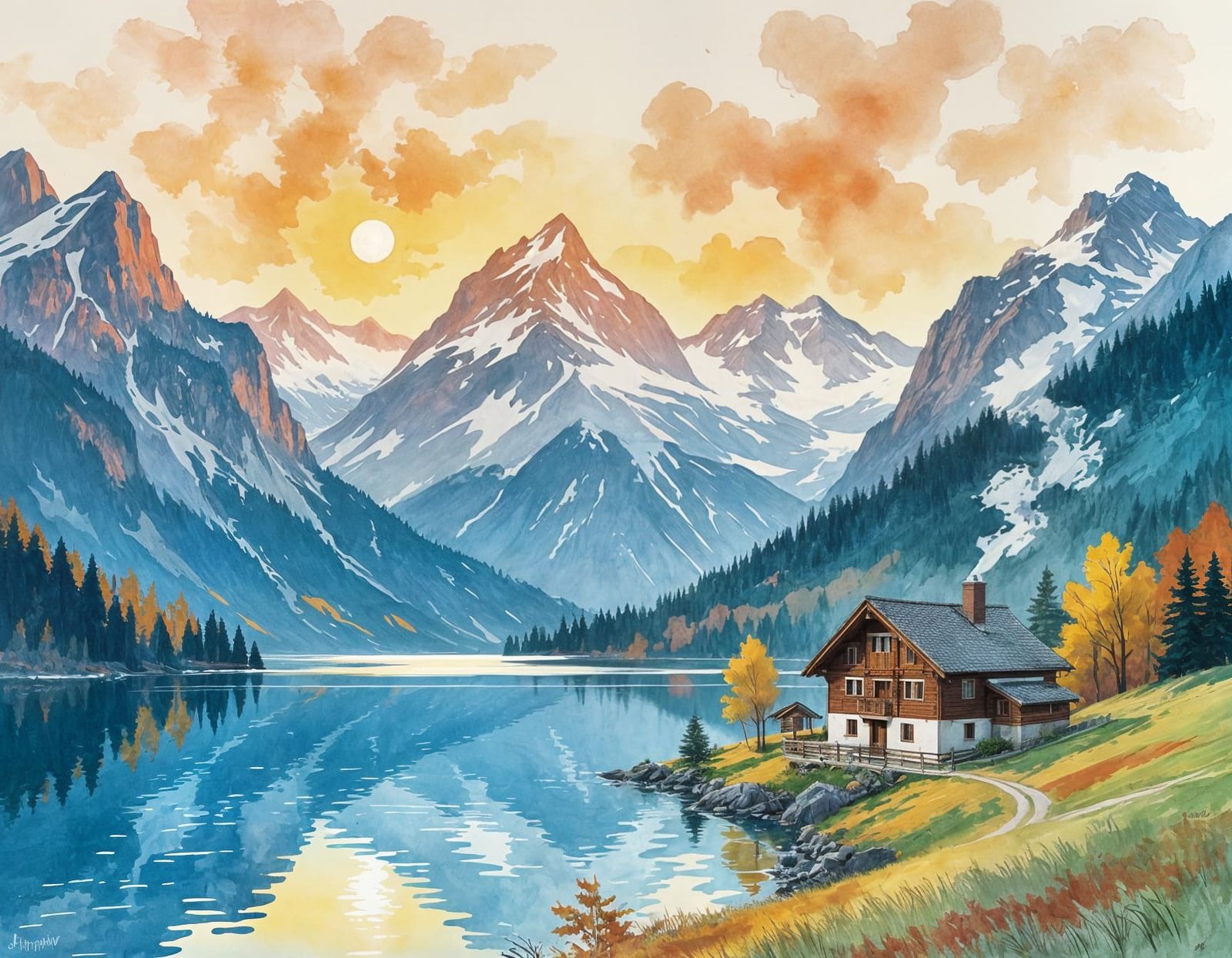 Abstract Spirograph Chinese Ink Painting of Serene Alpine Va...