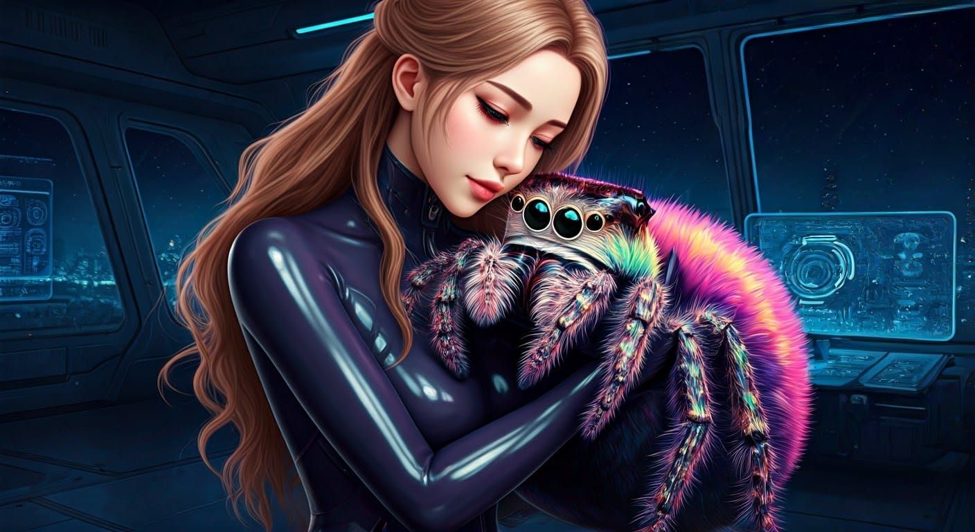 Woman Cuddles with Jumping Spider in Futuristic Cityscape