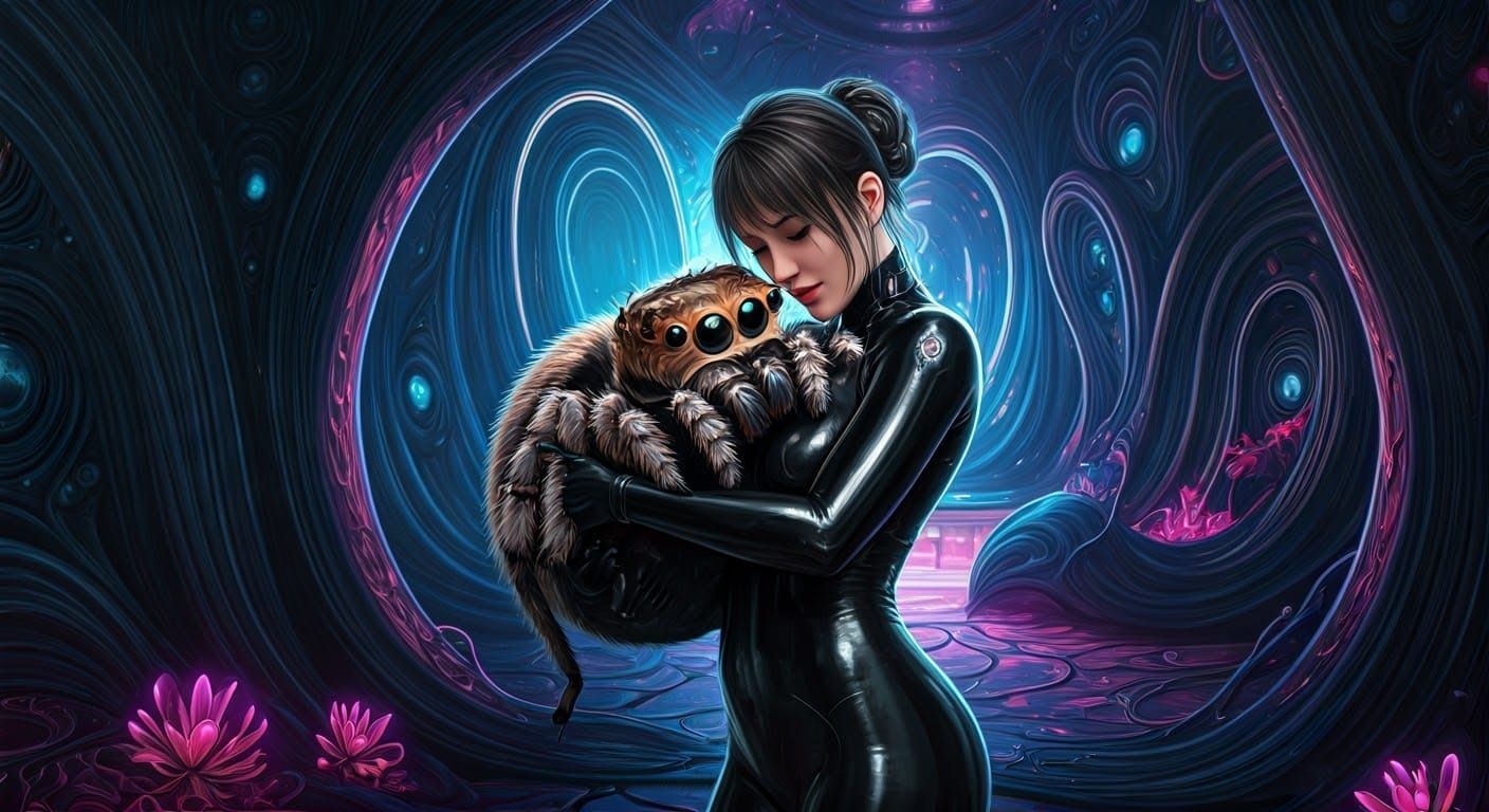 Woman Cuddles Adorable Spider in Futuristic Neo-Baroque Inte...