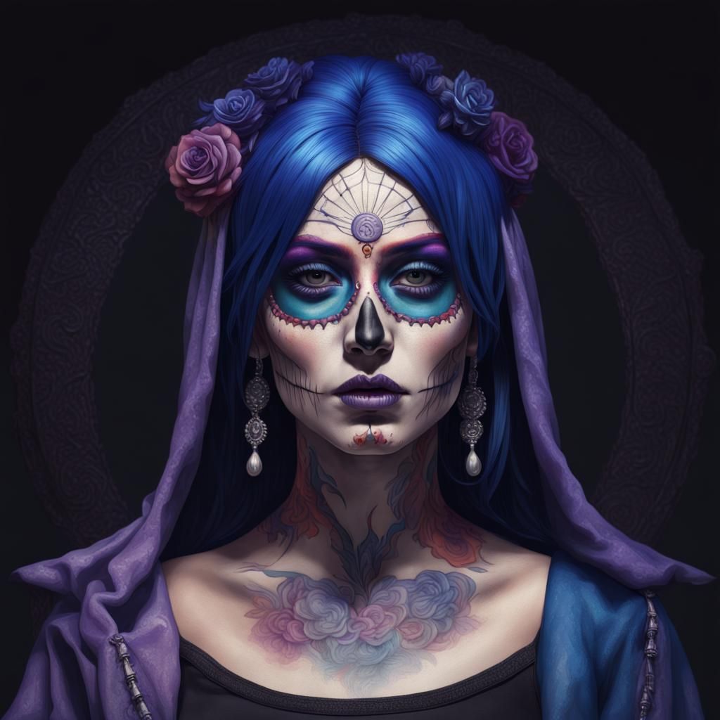 Hyperrealistic Portrait of a Young Woman in Santa Muerte Mak...