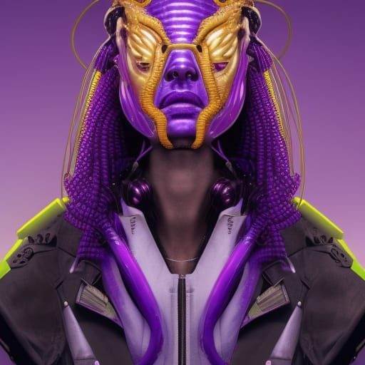 Medusa as Futuristic Cyberpunk Warrior in Purple and Gold
