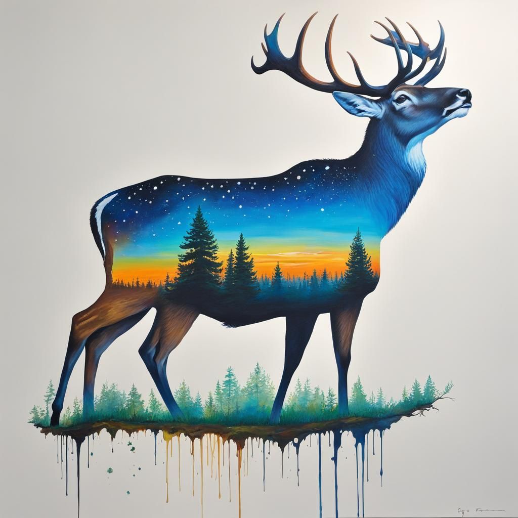 Detailed Deer in a Cosmic Gouache Watercolor Double Exposure