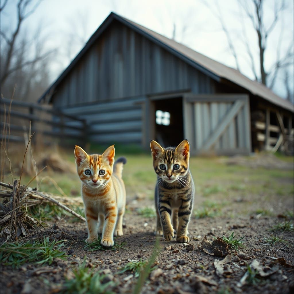 Two Young Cats Explore a Rustic Abandoned Barn Landscape