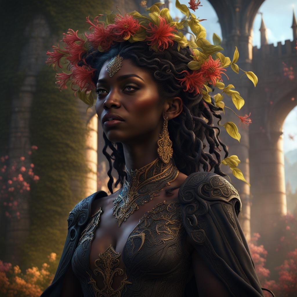Goddess in Majestic Castle with Honeysuckle Floral Headdress