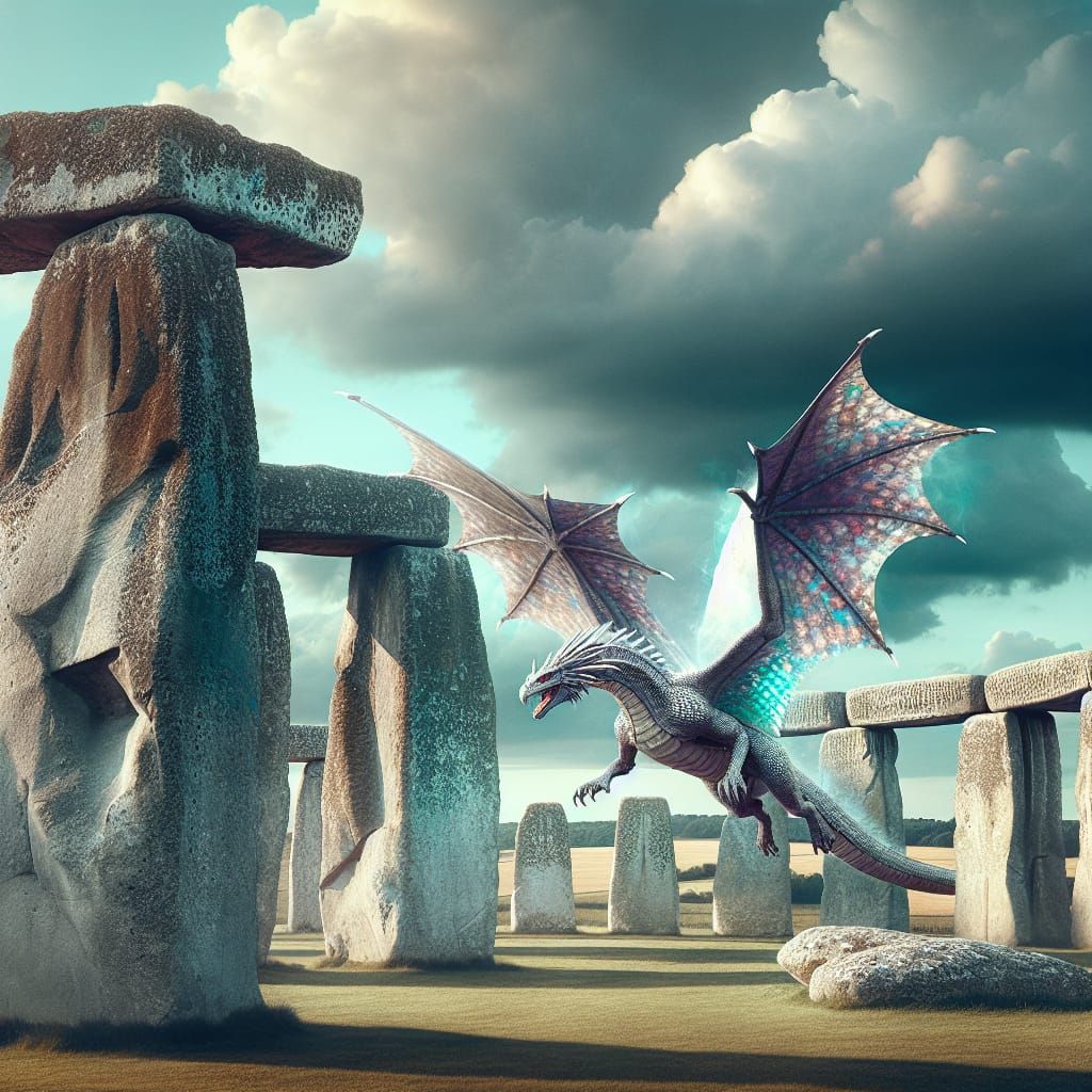 Mystical Stonehenge Scene with a Majestic Dragon in Flight