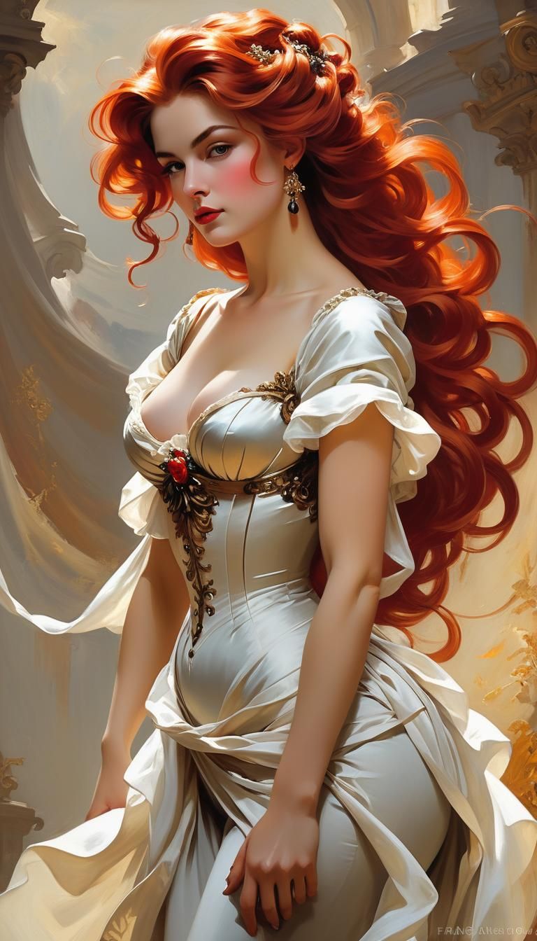 Elegant Redhaired Woman in Golden Baroque Regalia