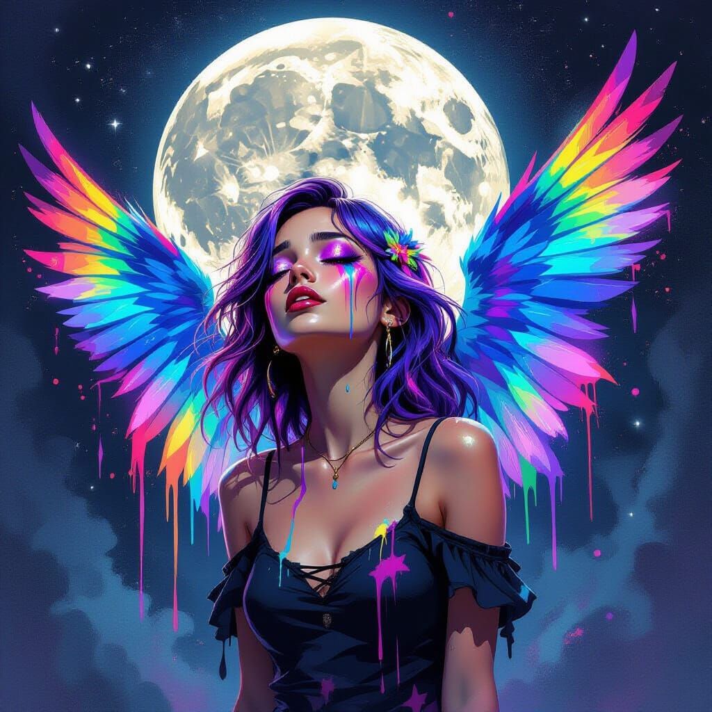 Purple-Haired Woman Flies to Moon with Rainbow Tears