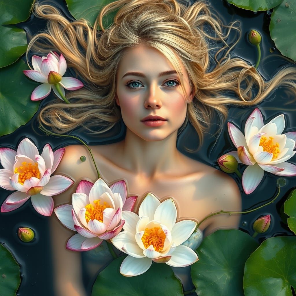Ethereal Blonde Goddess in Lotus Flower Vines