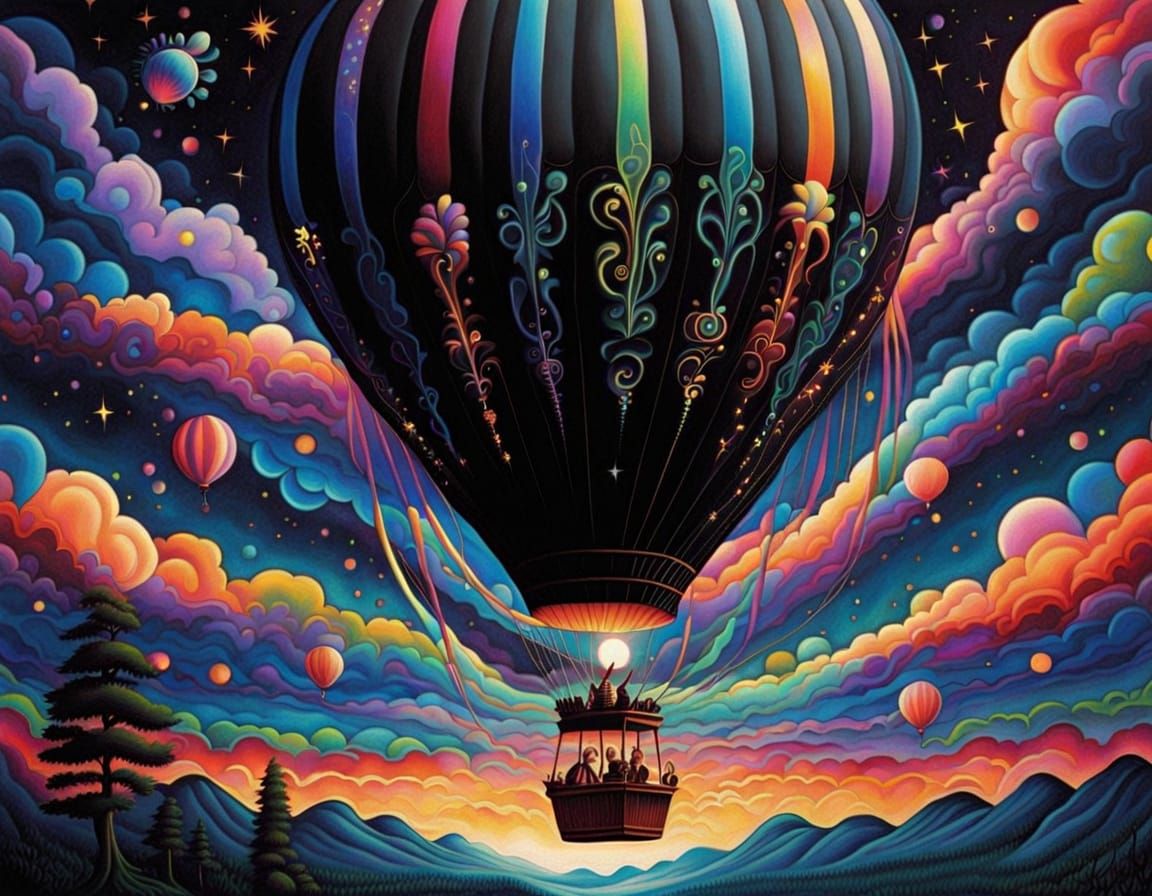 eldritch, elegant black rainbow striped hot air balloon sail...