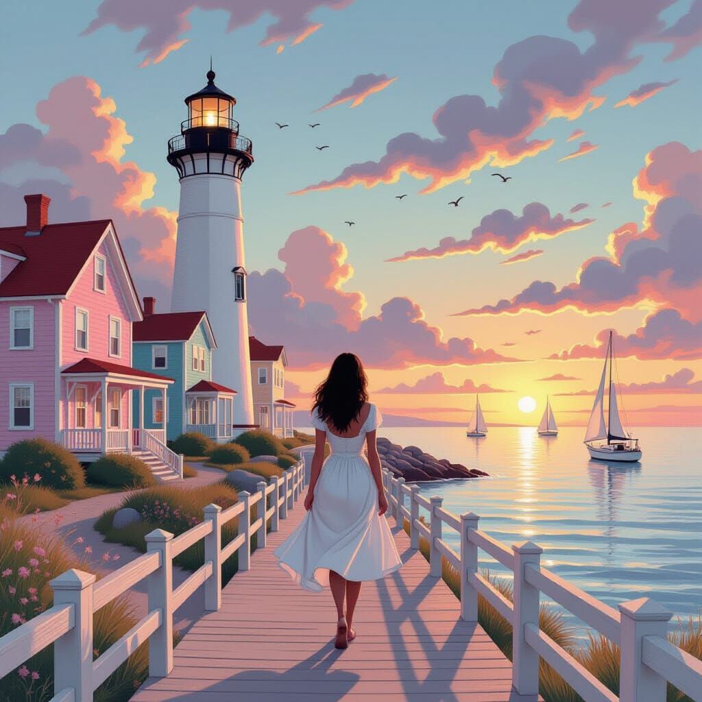 Whimsical Boardwalk Scene at Sundown in Surrealist Style