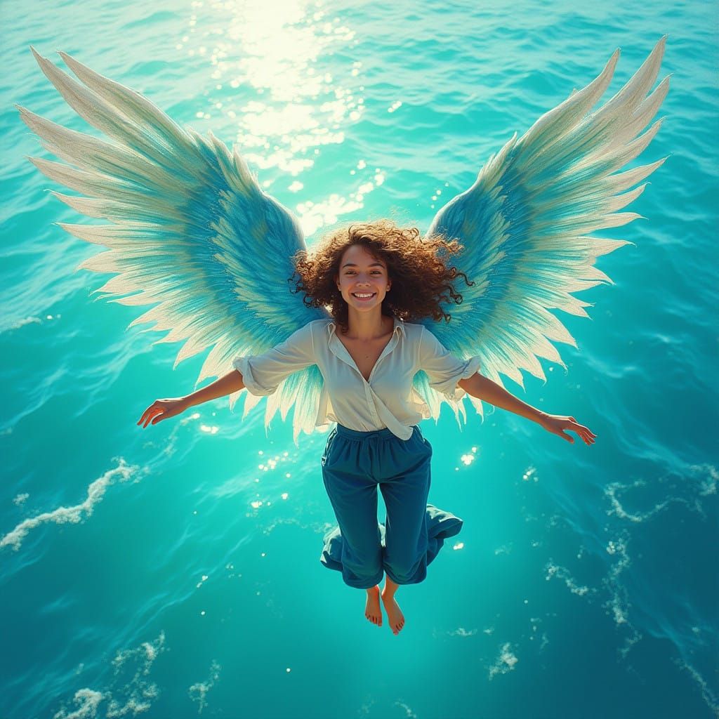 Majestic Young Woman Soars Through Turquoise Skies with Irid...