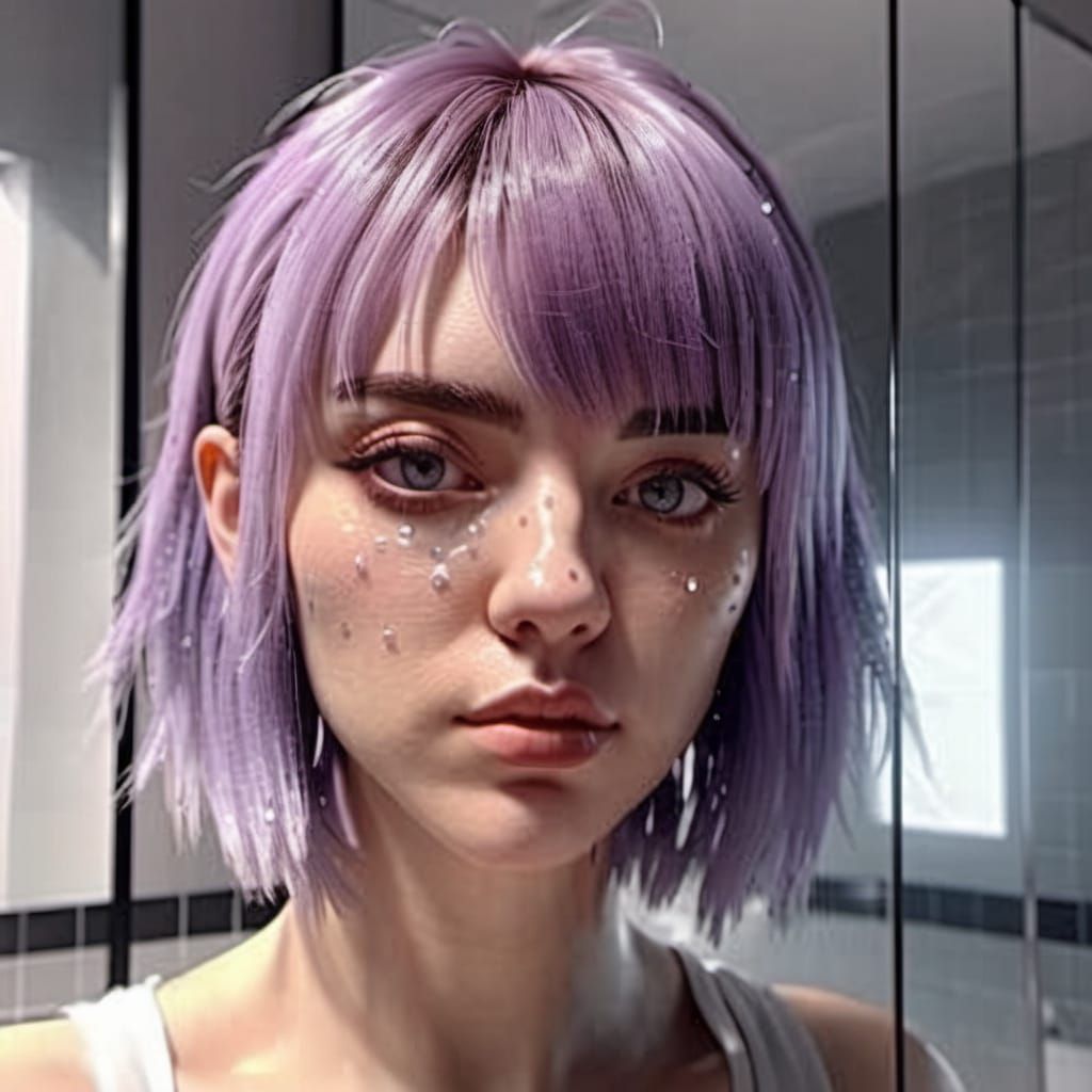 Lavender Haired Woman Trims Bangs in Bathroom Mirror