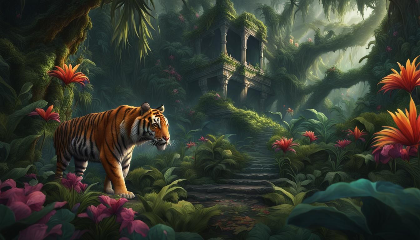 Fantastical Tiger in Vibrant Jungle Scene