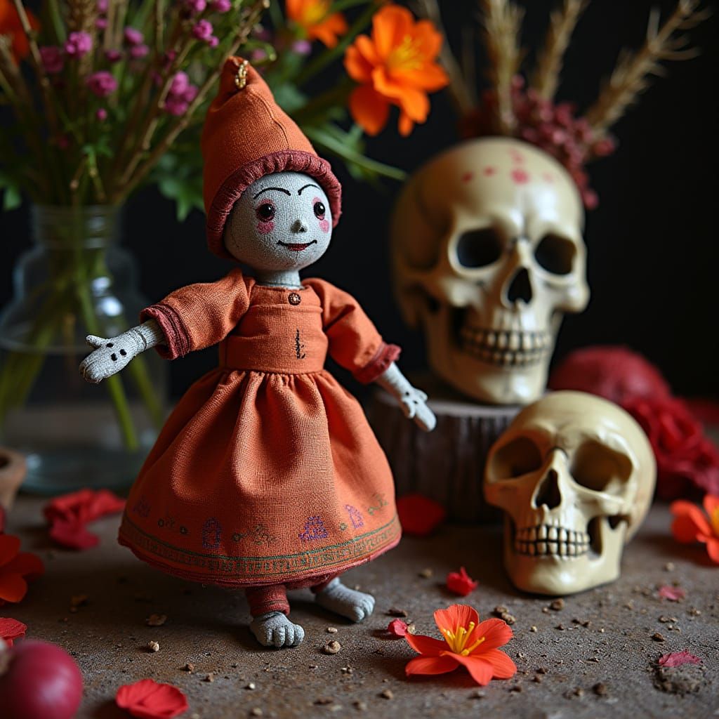 A traditional Haitian voodoo doll on a voodoo altar alongsid...