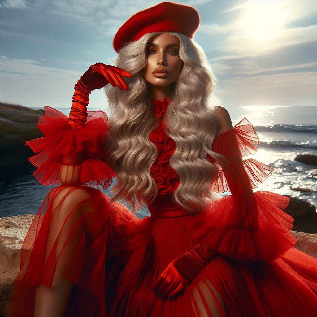 Hispanic Goddess in Dramatic Red Attire