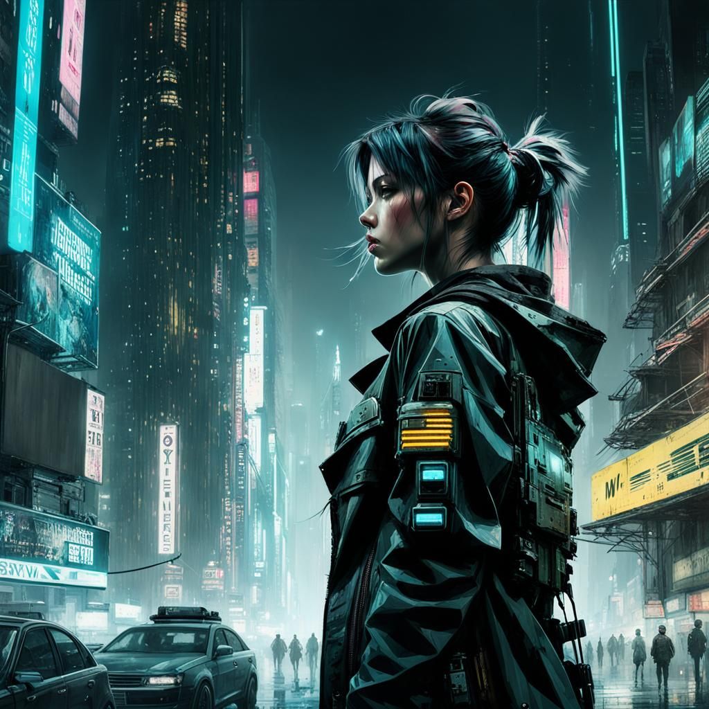 A Hyperrealistic Cyberpunk Portrait Set in a Moody Cityscape