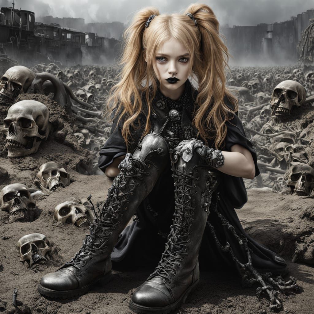 Goth Girl with Skull Makeup and Heavy Metal Boots