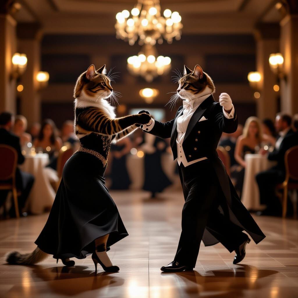 Elegant Cats Dancing Foxtrot in Ballroom - Bokeh Photography